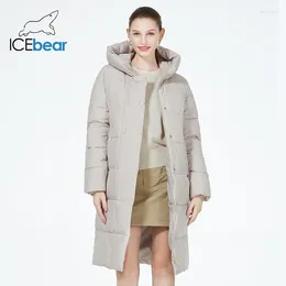 Women's Trench Coats ICEbear 2024 Winter Jacket Double-breasted Long Windproof Cotton Coat With Hood GWD3935I