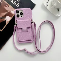 iPhone 15 Pro Max Designer Crossbody Phone Case for Apple 14 13 12 Mini 11 XS XR 8 7 Plus Luxury Pebbled PU Leather Card Holder Pocket Wallet Back Cover Coque Fundas Purple