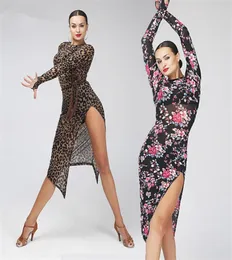 AdultGirls Vestido de Dança Latina Salsa Tango Chacha Ballroom Competição prática Vestido de Dança Leopardo Manga Longa Flor Impressa Long1557369
