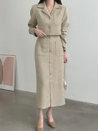 Arbeitskleider Winter Vintage Elegantes Zweiteiliges Set Frauen Taschen Jacke Mantel Retro Midi Rock Anzug Weiblicher koreanischer Stil Chic Designer 2024