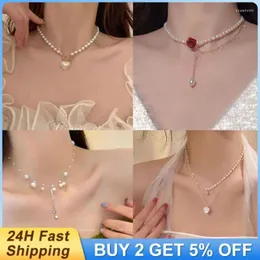 Pendant Necklaces Zircon Pearl Necklace Wings Heart Crystal Bracelet Women Clavicle Chain Choker Fashion Y2K Egirl Jewelry Gifts
