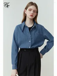 Bluzki damskie FSLE Blue Denim Solid Casual Shirt Sense Sense Mały francuski duży spiczasty szyja długi rękaw