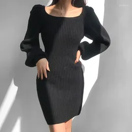 Casual Dresses Spring Summer Knitted Dress Women Solid Colors Lantern Sleeve Square Collar Long Straight Sexy Slim Party Clothing
