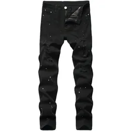 Denim Jeans Hole Design Moda Piede laccato Pantaloni casual Stretch Regular Fit Nero Lungo Hip Hop Uomo Four Season Plus Size 240125