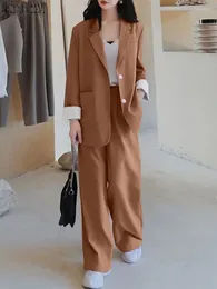 Pantaloni a due pezzi da donna Blazer a maniche lunghe alla moda Set di pantaloni a gamba larga ZANZEA 2 pezzi Abiti da lavoro eleganti da donna OL Autunno Solido sciolto abbinato