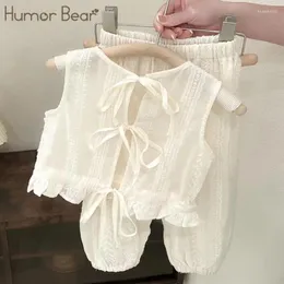 Clothing Sets Humor Bear Girls' Cute Girl Suit Back Lace-up Sleeveless Blouse Bloomers Trousers 2Pcs Set Girls Clothes