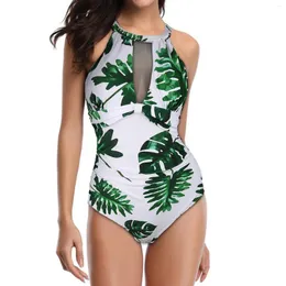 Women's Swimwear Print Flower High Mesh Ruched Swimsuit Piece One Neck Monokini Women Swimwears Tankinis Set