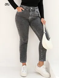 Plus Size Gray Jeans for Women Stretchy High Waist Mom Jeans Harem Full Length Washing Denim Jeans Curvy Fitting 100 Kgs Jeans 240202