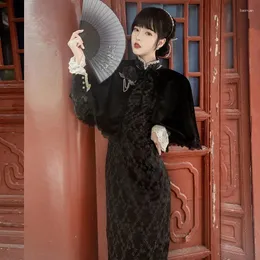 Etnik Giyim Çin Elbisesi Hanfu Geleneksel Retro Vestido Chino Zarif Cheongsam Şal qipao İki Parçalı Beyaz Siyah Kadınlar Sonbahar Uzun