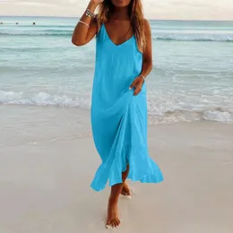 Casual Dresses 2024 Summer Pure Color Sundress Sexy V Neck A Beach Dress Spaghetti Strap Line Maxi Sleeveless Solid Camis Women
