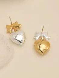 Gold and Silver Dual-Color Patchwork Love Shape Pendant Earrings for Women Simple and Light Luxury Cold Wind 240123