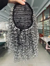 Grey kinky curly drawstring ponytail afro bun undo highlights hair puff gray hair extension hairpiece clip in crochet braids one piece salt and pepper 18inch 140g