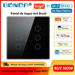 Smart hemkontroll Tuya WiFi Switch Brasilien Standard 4 No Neutral Wire Touch-Sensor 4/6Gang Wall RF433 Life Alexa Google