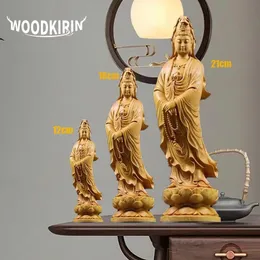 Natürliche Zypresse Guanyin Buddha dekorative Figuren Statue Massivholz Kunst Schnitzerei Home Zimmer Büro Feng Shui Statue 240202