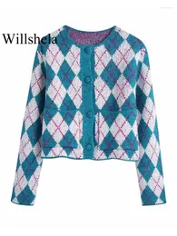 Maglieria da donna Willshela Moda donna Tasche bianche Cardigan lavorato a maglia stampato Maglione Vintage O-Collo Monopetto Maniche lunghe Donna