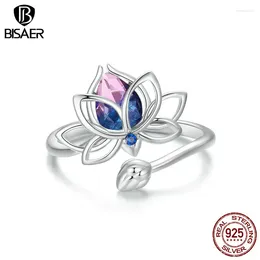 Anéis de Cluster Bisaer 925 Sterling Silver Lotus Flower Anel Aberto Tamanho 5-9 Roxo Eternity Band Banhado Platinum para Mulheres Elegantes Fine Jewelry