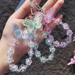 Schlüsselanhänger Niedlicher Schmetterlings-Blumen-Schlüsselanhänger, modische transparente Perlen-Lanyard-Schlüsselanhänger, Handykette, Frauen, Autoschlüssel, Taschenanhänger, Mädchen-Geschenk