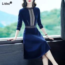 Dresses Autumn Winter Office Lady Oneck Knitting Midcalf Dresses Bright Line Decoration Dot Pullover Medium Strech Women's Clothing