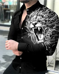 Mäns avslappnade skjortor 2024 fest mode långärmad skjorta 3d tryckt lejon högupplöst djurtryck lapel knapp s-6xl toppar