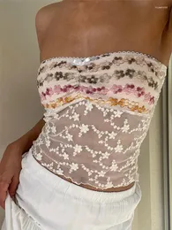 Kvinntankar Chronstyle Vintage broderi Flower Lace Tube Tops Summer Clubwear 2024 Sexiga kvinnor Axless Off Shoulder See Through Tank