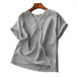 女性のブラウスBlusas Femininas Shirt Clothing Femme 2024 Striped V-NeckルーズショートスリーブMujer Tops and Women Spliced Chiffon 1705