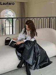 تنانير Lautaro Spring Autumn ancl Black Black Shiny Patent Pu Leather Maxi Maxi Maxile Women Women High Weist Long Luxury Designer Complements 2024