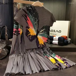 Sukienki robocze Fashion plisowane zbite z krótkim rękawem Butterfly Top i Fold Fold Spódnica Dwuczęściowe zestawy dla kobiet 2024 Summer