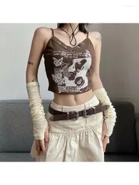 Women's Tanks HOUZHOU Vintage Y2K Brown Graphic Top Women Grunge Fairy Streetwear Distressed Slim Crop Tops Egirl 90s Aesthetic Corset