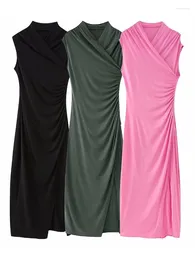 Vestidos casuais willshela mulheres moda darkgreen sólido plissado frente fenda midi vestido vintage v-pescoço sem mangas feminino chique senhora