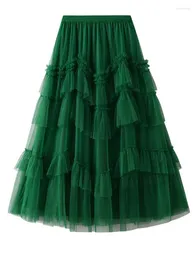 Saias Tigena Mulheres Tulle Saia Longa 2024 Primavera Verão Moda Malha Uma Linha Alta Cintura Plissada Maxi Feminino Verde Khaki