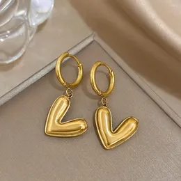 Hoop Earrings Trendy Simple Gold Color V-letter Stainless Steel Heart Pendant Drop For Women Charm Jewelry