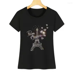 Koszule kobiet-Selling for Women Summer Short-Sleeved Fashion Love Paris Tower Crystal T-shirt O-Neck Soft Cotton Ladies