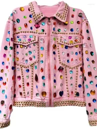 Women's Jackets Women Rainbow Diamonds Beaded Pink Denim Coat Loose Rhinestones Jeans Jacket Long Sleeve Crystal Cowboy Cardigan Rivets Tops