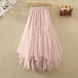 Skirts TIGENA Tutu Tulle Long Skirt For Women 2024 Summer Korean Fashion Irregular Hem High Waist Pleated Mesh Midi Female Pink