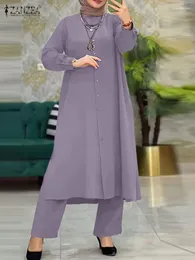 Etniska kläder Zanzea Fashion Urban Tracksuit Muslimsk kvinnor Wide Leg Pant Set Islamiska Ramadan Lapel Neck Långärmskjorta Turkiet 2st