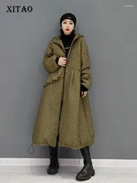 Women's Trench Coats XITAO With Hood Parka Solid Color Long Large Size Diamond Lattice Zipper A-line Fashion Vintage All-match Keep Warm