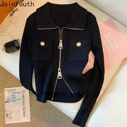 سترات من السترات الصوفية المحبوكة سترات نسائية نسحب Femme أزياء سحاب عرضية Sueter Slim Slim Corean Cardigans Y2K Tops 240202