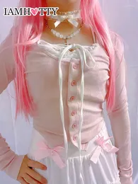 Koszule damskie Iamty Pink Kawaii-Up dzianinowy kardigan koronkowy patchwork fałszywy 2-częściowy kantar przycięty top lolita japońska estetyczna koszula