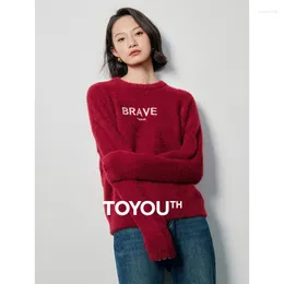 Women's Knits Toyouth Women Sweater 2024 Winter Long Sleeve O Neck Loose Knitwear Letter Embroidery Christmas Day Warm Soft Clothes Tops