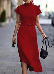 Casual Dresses Elgant Summer Solid 2024 Color Dress Women Hight Neck Short Sleeve Work Office Robe Longue With Belt Clothing