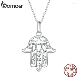 Pendants Bamoer 925 Sterling Silver Guardian Fatima's Hand Pendant Necklace Flower Pattern Neck Chian For Women Platinum Plated SCN490