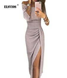 Elsvios Frauen Helle Seide Glänzendes, Figurbetontes Kleid Sexy Schulterfreies Partykleid Herbst Dreiviertelärmel Elegante Midi-Kleider J19069842143