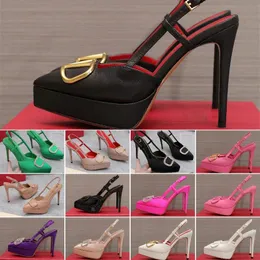 Designer Dress Shoes Satin Women Sandals High Heels Platform Pointed Fashion Party Rhinestone Metal Button 15CM Sexy Decoration Banquet Shoe