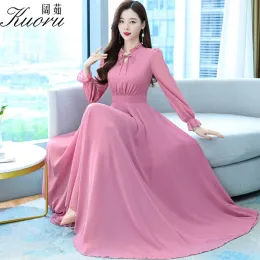 فساتين رداء Femme Printemps 2022 Long Sleeve Pink Dress Beach Tunics Chiffon Puff Maxi Dresses Chic Party Selegant Vestidos de Fiesta