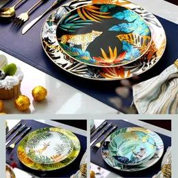 Teller Stil Waldtier Tiger Muster Geschirr Bone China Porzellan Teller mit goldenem Rand Western Dish Keramik Abendessen