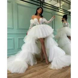 Dresses Elegant Overskirt Layered Tulle Prom Party Dresses 2022 Off Shoulder Long Sleeve Lace Bridal Dress Evening Gown Detachable Train