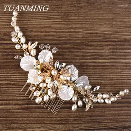 Hair Clips Floral Wedding Comb Bride Headdress Golden Pearl Combs Bridal Accessories Jewelry