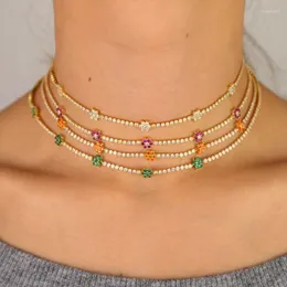 Choker Stonefans Luxus-Blume-Strass-Halskette mit Goldkette für Damen, Statement-Bunter Tennis-Schmuck