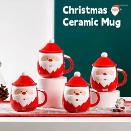 Canecas 450ml Creative Cartoon Santa Claus Caneca Cerâmica com Tampa Colher Copo Portátil Chá Café Presentes de Natal Home Drinkware