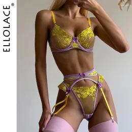 Bras Setleri Elloce Narin Lingerie Sheer Dantel Seksi iç çamaşırı 3 Parçalı Çiçek Fantezi Samimi Samimi Lüks Sansürsüz Şehvet